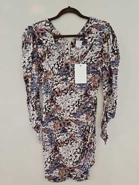 Designer Women's Printed Long-Sleeve, V neck Dress in Neutral colours. Size S.